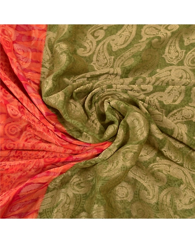 Sanskriti Vintage Green Sarees 100% Pure Silk Sari Craft Premium Woven Fabric, PS-55595-Green &amp; Orange-Woven Work-100% Pure Silk-6