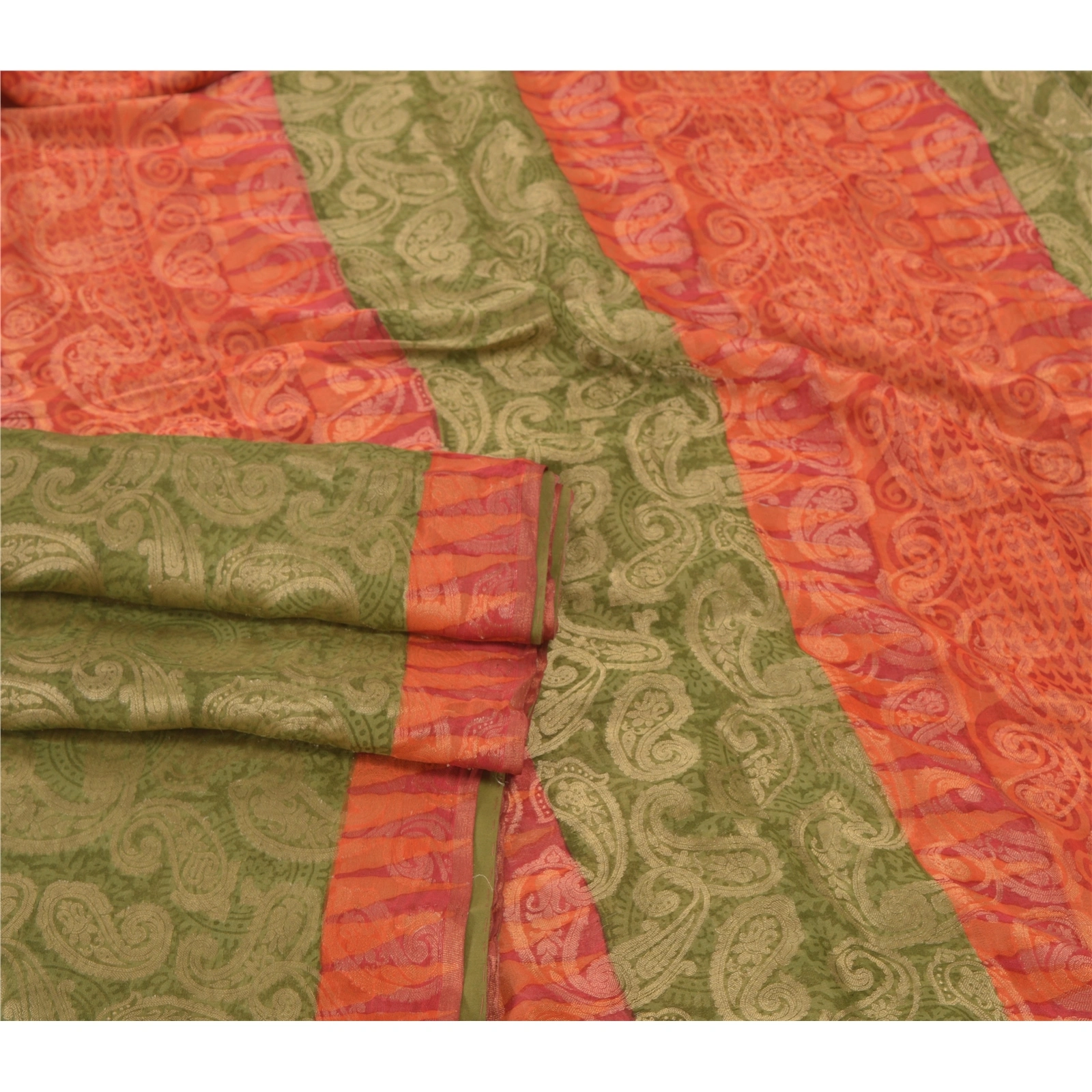 Sanskriti Vintage Green Sarees 100% Pure Silk Sari Craft Premium Woven Fabric, PS-55595-Green &amp; Orange-Woven Work-100% Pure Silk-7