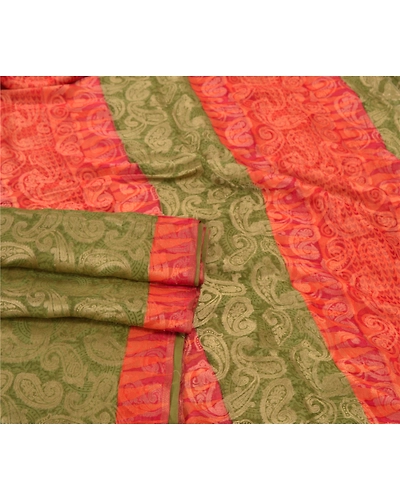 Sanskriti Vintage Green Sarees 100% Pure Silk Sari Craft Premium Woven Fabric, PS-55595-Green &amp; Orange-Woven Work-100% Pure Silk-7