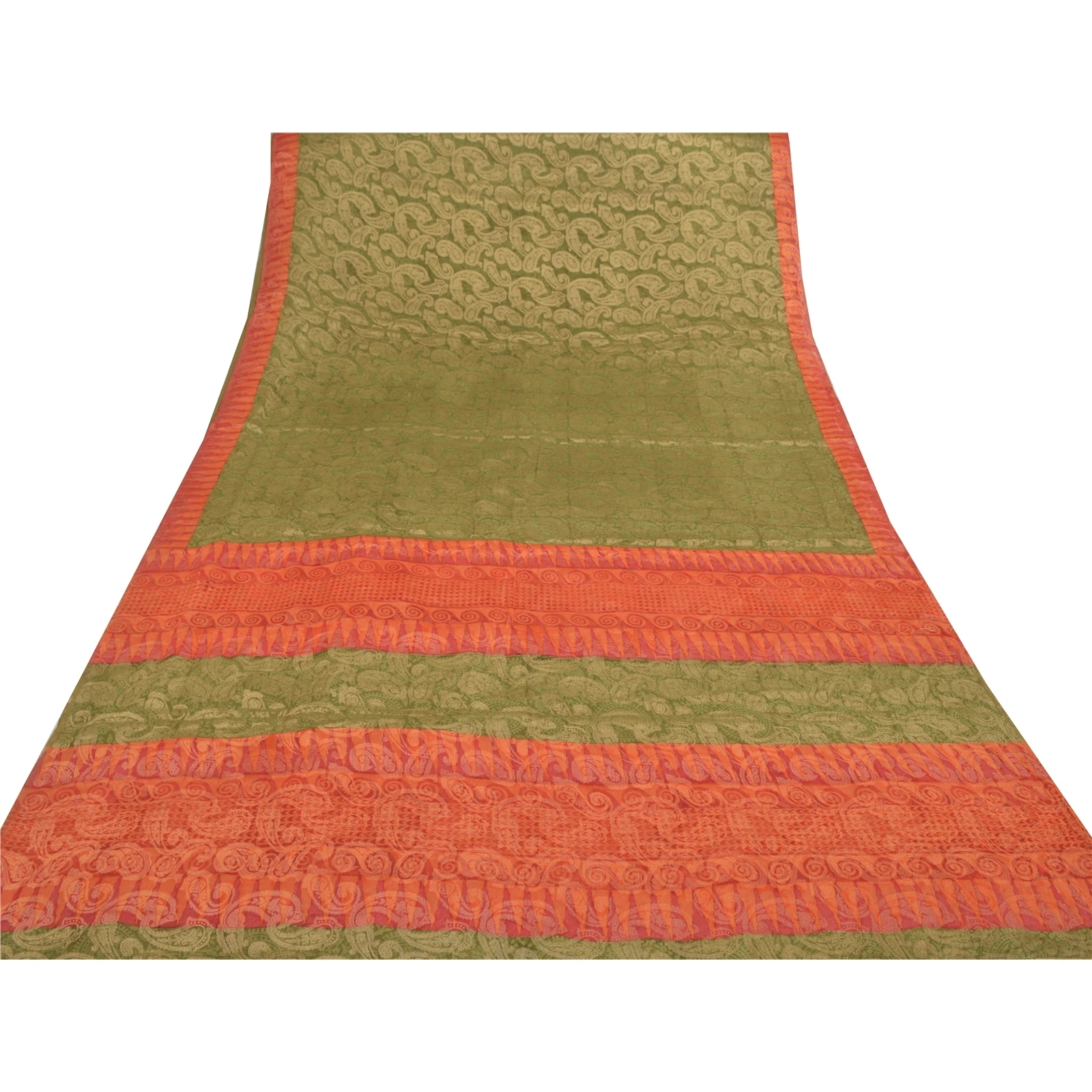 Sanskriti Vintage Green Sarees 100% Pure Silk Sari Craft Premium Woven Fabric, PS-55595-Green &amp; Orange-Woven Work-100% Pure Silk-8