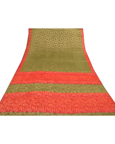 Sanskriti Vintage Green Sarees 100% Pure Silk Sari Craft Premium Woven Fabric, PS-55595-Green &amp; Orange-Woven Work-100% Pure Silk-8