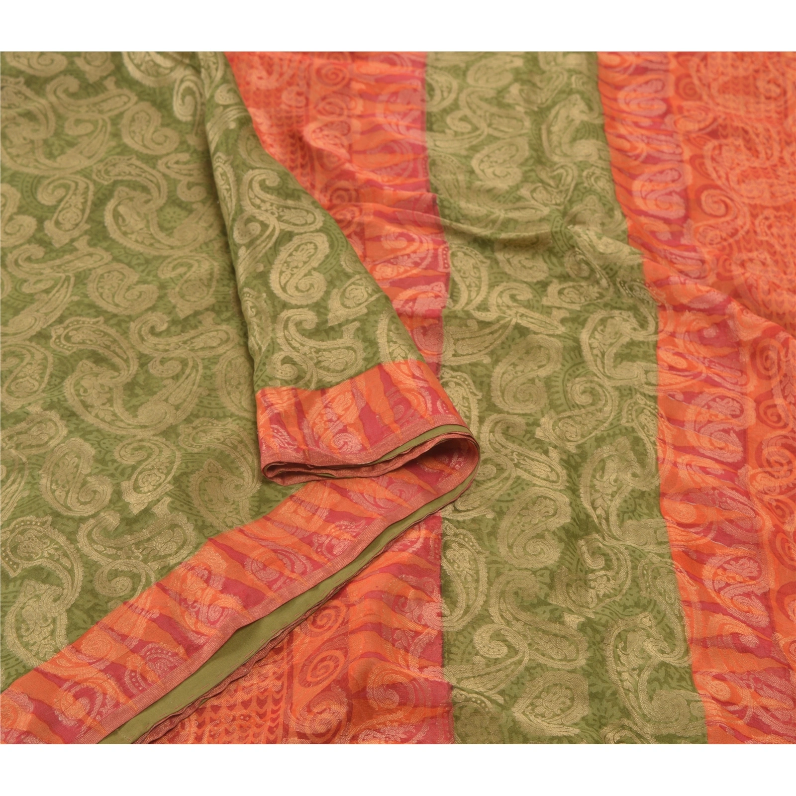 Sanskriti Vintage Green Sarees 100% Pure Silk Sari Craft Premium Woven Fabric, PS-55595-Green &amp; Orange-Woven Work-100% Pure Silk-9