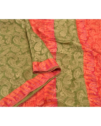 Sanskriti Vintage Green Sarees 100% Pure Silk Sari Craft Premium Woven Fabric, PS-55595-Green &amp; Orange-Woven Work-100% Pure Silk-9