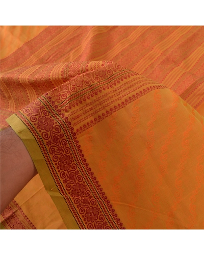 Sanskriti Vintage Mustard Sarees Blend Cotton Sari Woven Premium Craft Fabric, PS-55616-Shade Of Mustard-Woven Work-Blend Cotton-5