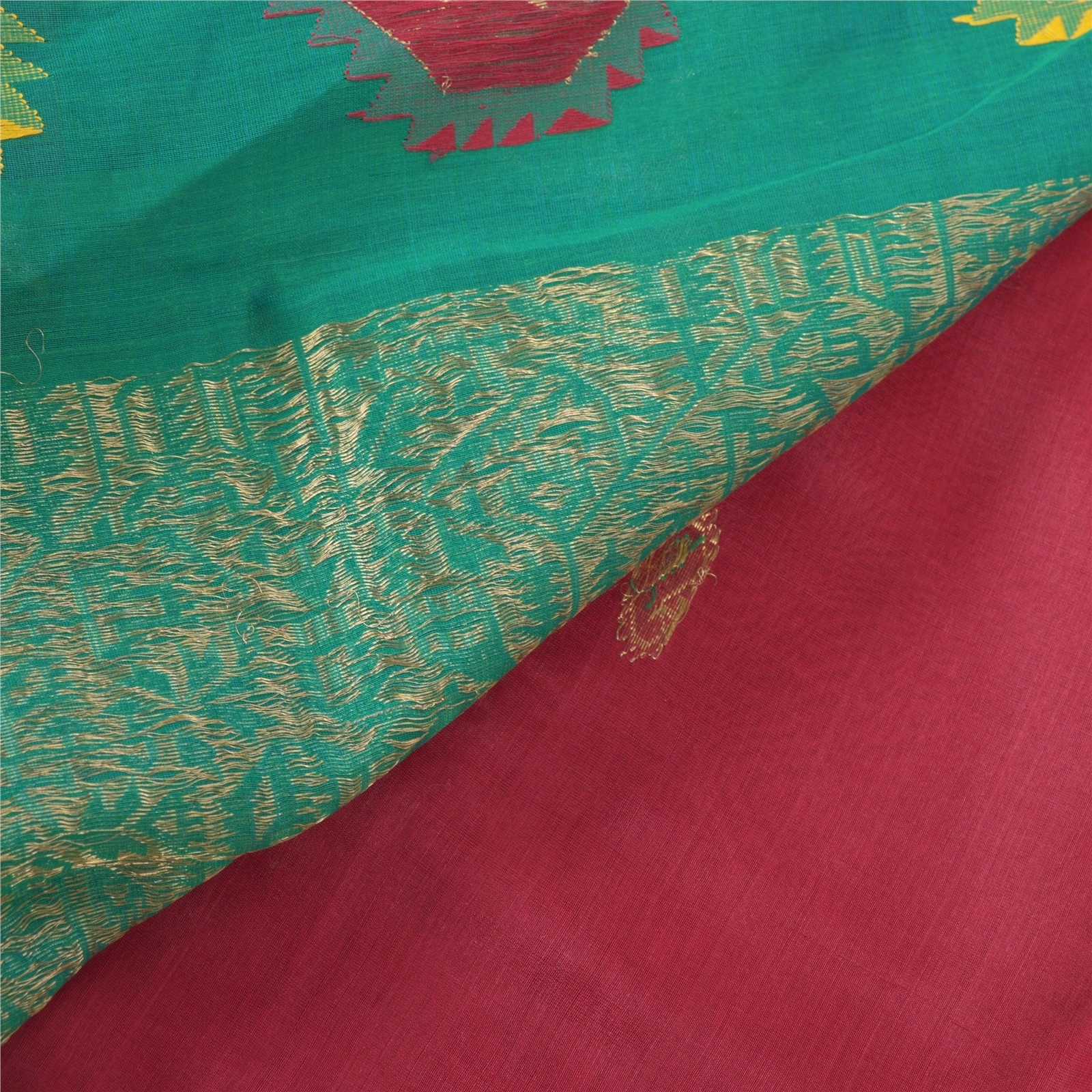 Sanskriti Vintage Dark Red Indian Sari Blend Cotton Woven Craft Sarees Fabric, PS-55630-Dark Red &amp; Green-Woven Work-Blend Cotton-2