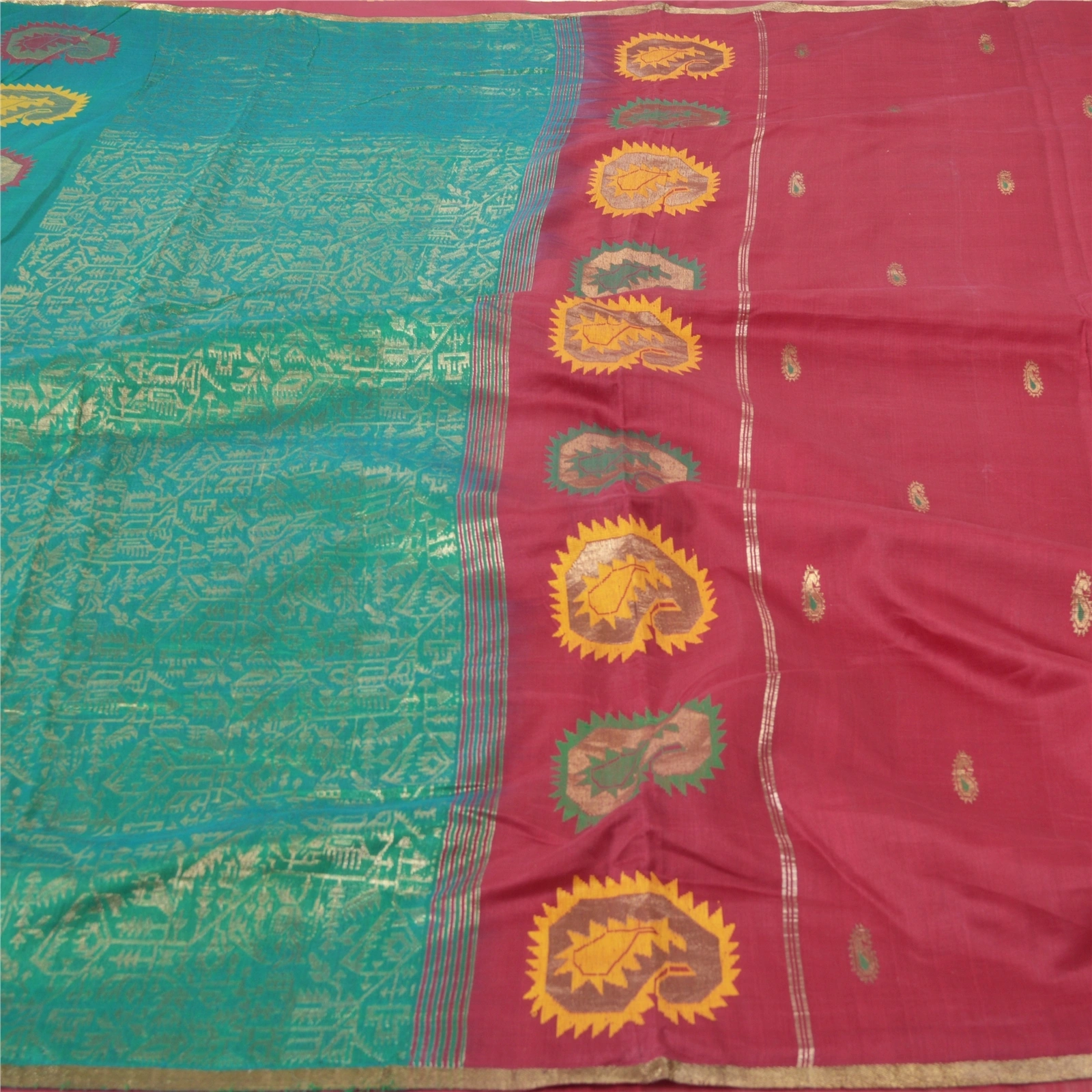 Sanskriti Vintage Dark Red Indian Sari Blend Cotton Woven Craft Sarees Fabric, PS-55630-Dark Red &amp; Green-Woven Work-Blend Cotton-3