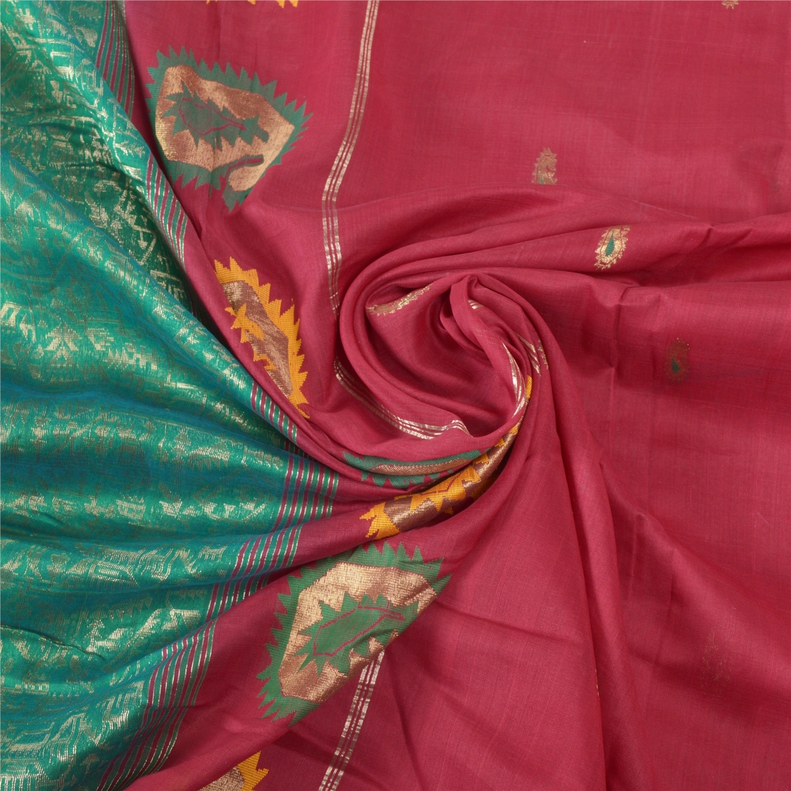 Sanskriti Vintage Dark Red Indian Sari Blend Cotton Woven Craft Sarees Fabric, PS-55630-Dark Red &amp; Green-Woven Work-Blend Cotton-6