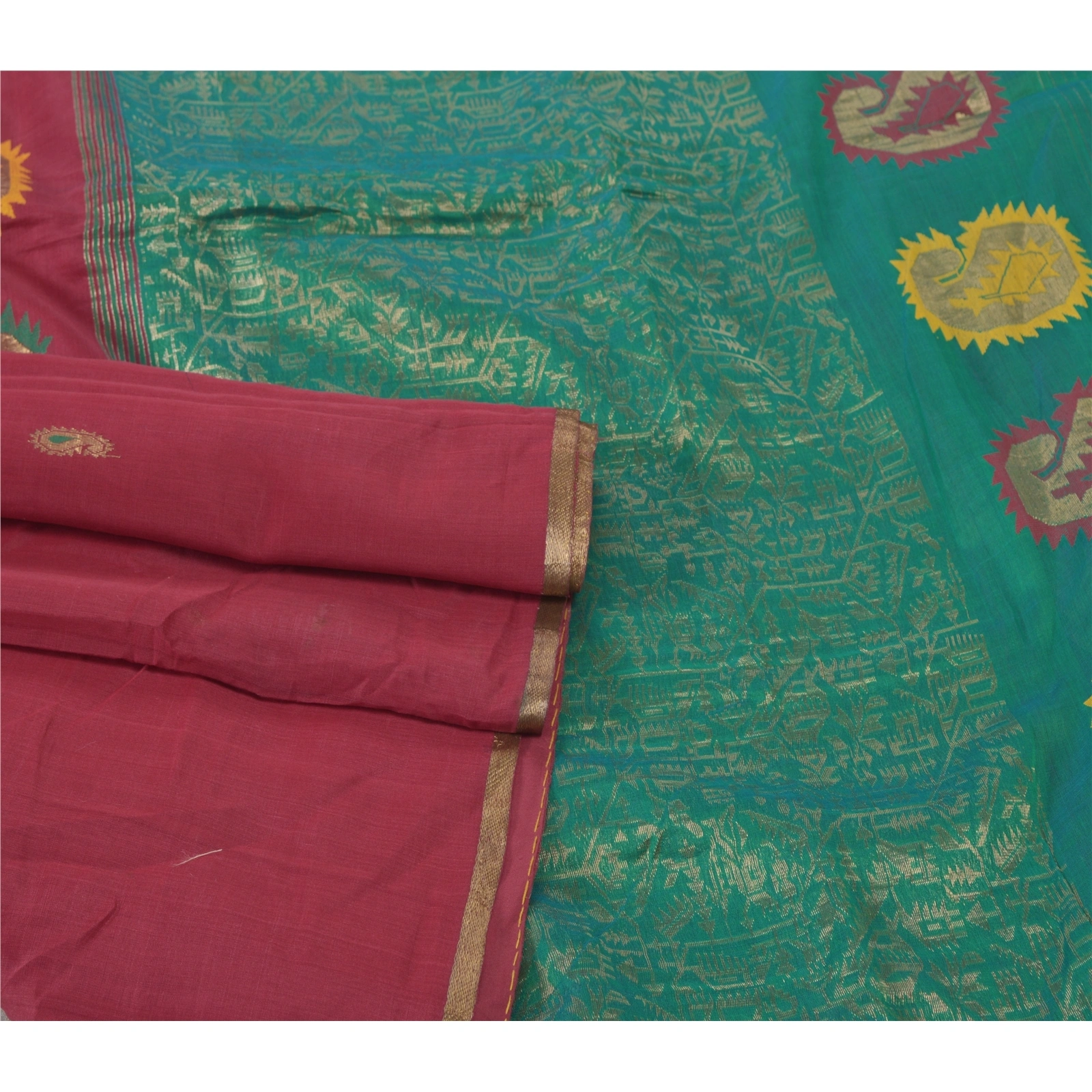 Sanskriti Vintage Dark Red Indian Sari Blend Cotton Woven Craft Sarees Fabric, PS-55630-Dark Red &amp; Green-Woven Work-Blend Cotton-7