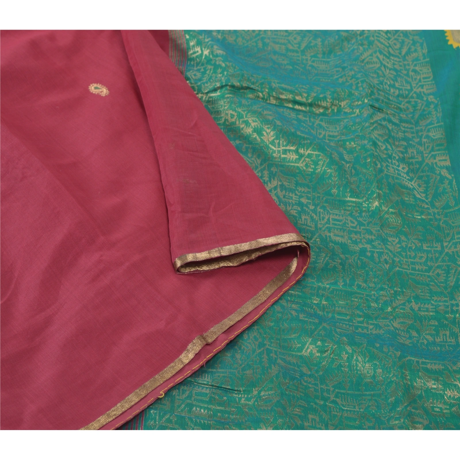 Sanskriti Vintage Dark Red Indian Sari Blend Cotton Woven Craft Sarees Fabric, PS-55630-Dark Red &amp; Green-Woven Work-Blend Cotton-9