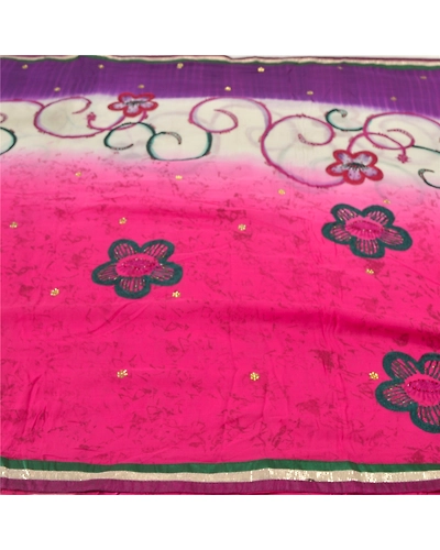 Sanskriti Vintage Pink Sarees Blend Georgette Hand Beaded Premium Sari Fabric, PS-55673-Pink &amp; Cream-Rhinestone Work-Blend Georgette-3