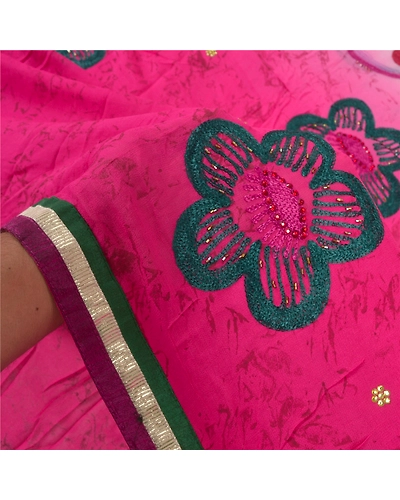 Sanskriti Vintage Pink Sarees Blend Georgette Hand Beaded Premium Sari Fabric, PS-55673-Pink &amp; Cream-Rhinestone Work-Blend Georgette-5