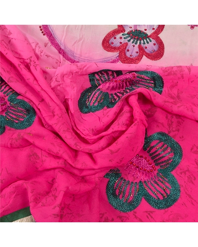 Sanskriti Vintage Pink Sarees Blend Georgette Hand Beaded Premium Sari Fabric, PS-55673-Pink &amp; Cream-Rhinestone Work-Blend Georgette-6