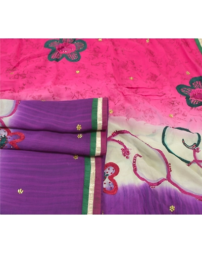Sanskriti Vintage Pink Sarees Blend Georgette Hand Beaded Premium Sari Fabric, PS-55673-Pink &amp; Cream-Rhinestone Work-Blend Georgette-7