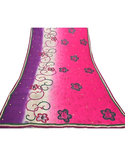 Sanskriti Vintage Pink Sarees Blend Georgette Hand Beaded Premium Sari Fabric, PS-55673-Pink &amp; Cream-Rhinestone Work-Blend Georgette-8