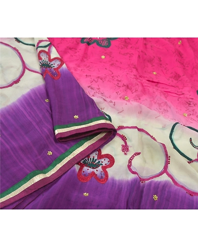 Sanskriti Vintage Pink Sarees Blend Georgette Hand Beaded Premium Sari Fabric, PS-55673-Pink &amp; Cream-Rhinestone Work-Blend Georgette-9