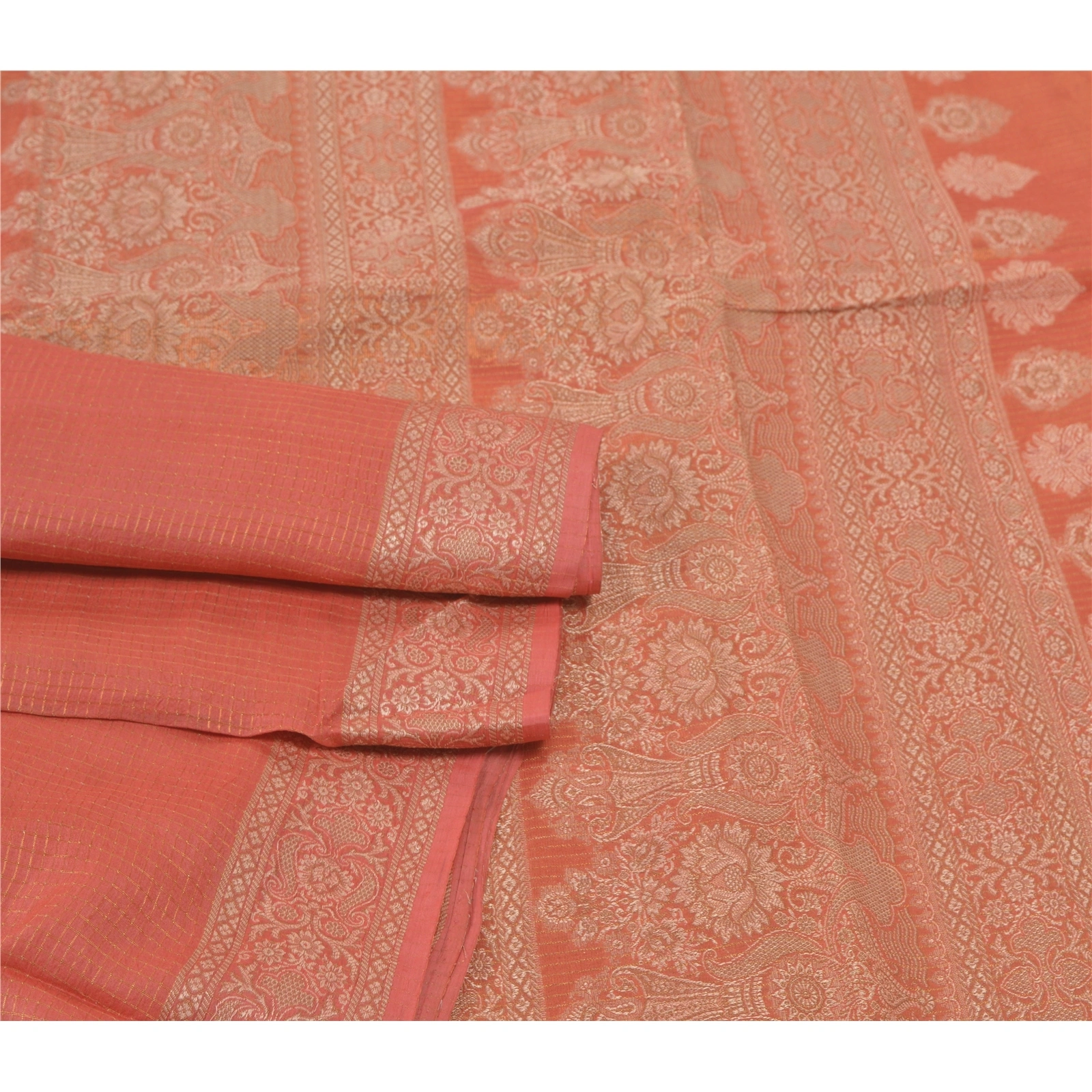 Sanskriti Vintage Orange Indian Sari Blend Silk Woven Sarees Craft 5 Yard Fabric, PS-55676-Shade Of Orange-Woven Work-Blend Silk-7