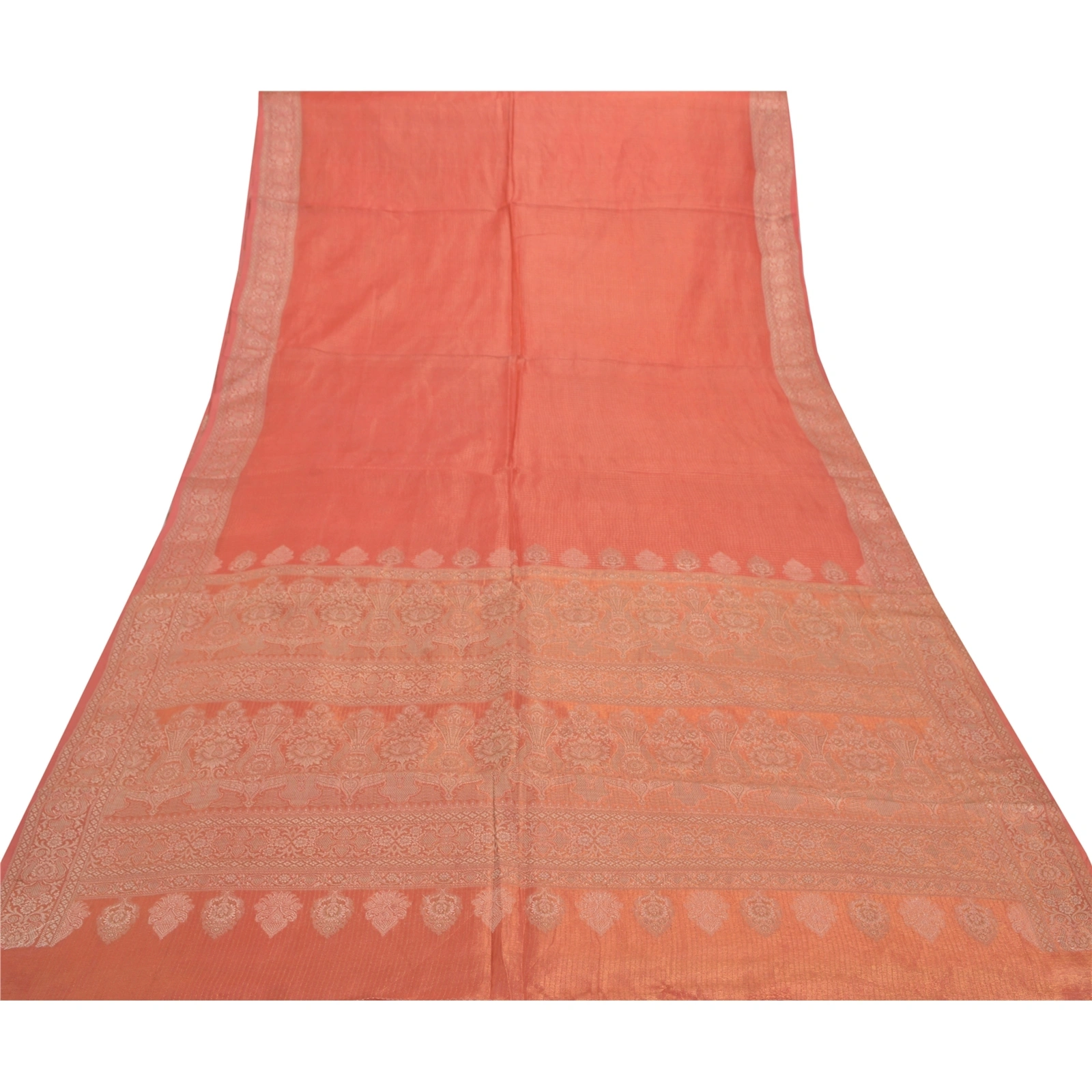 Sanskriti Vintage Orange Indian Sari Blend Silk Woven Sarees Craft 5 Yard Fabric, PS-55676-Shade Of Orange-Woven Work-Blend Silk-8