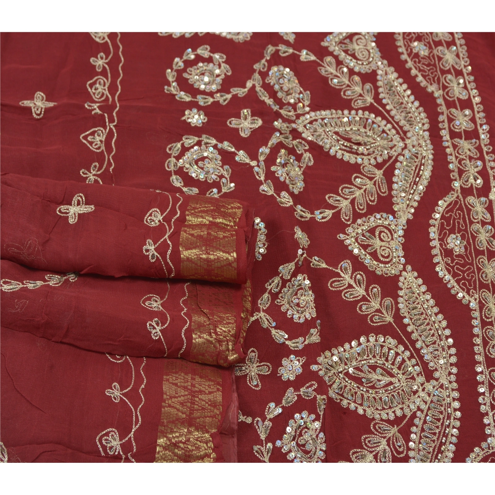 Sanskriti Vintage Dark Red Sarees Blend Georgette Handmade Sari Premium Fabric, PS-55740-Dark Red-Sequins Work-Blend Georgette-7