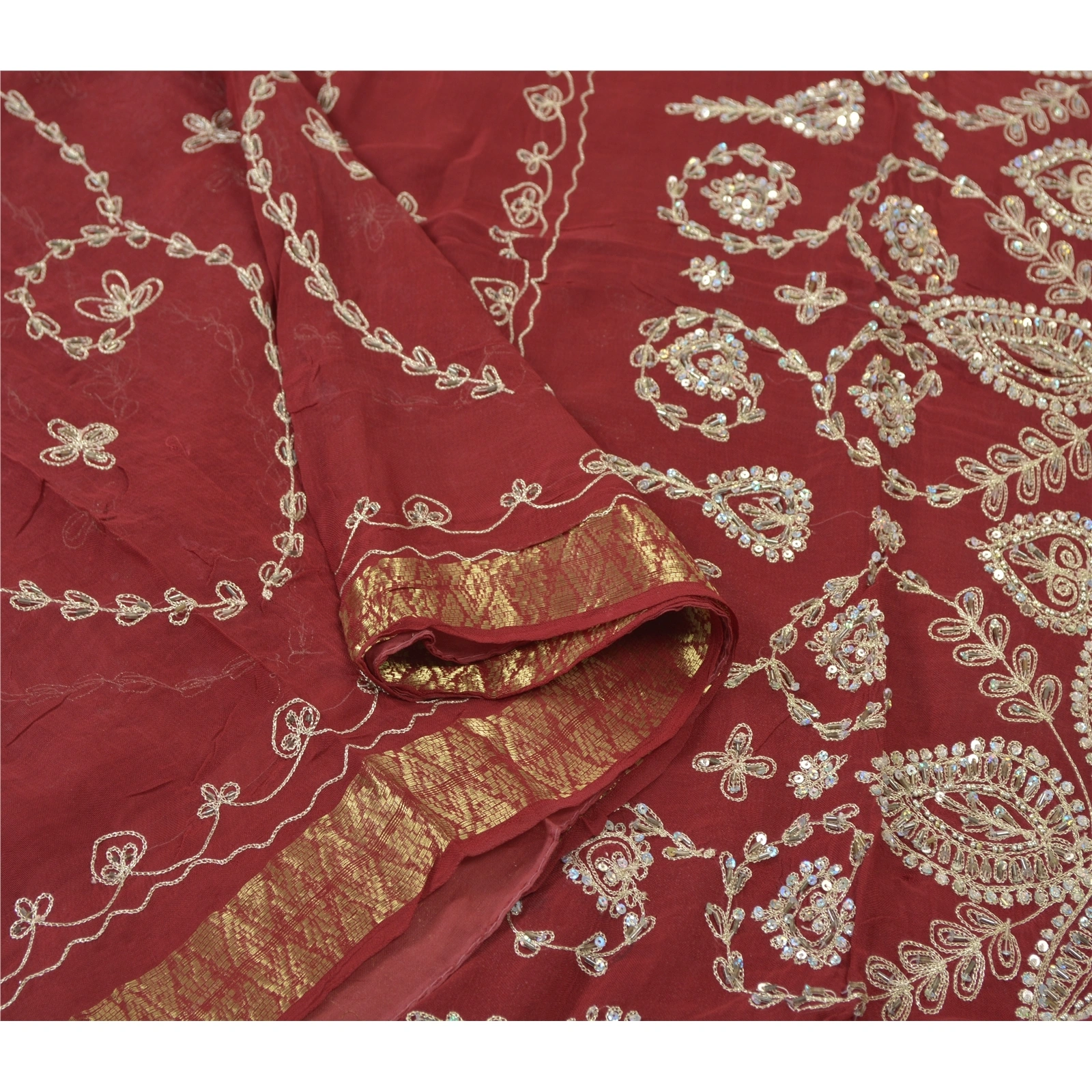 Sanskriti Vintage Dark Red Sarees Blend Georgette Handmade Sari Premium Fabric, PS-55740-Dark Red-Sequins Work-Blend Georgette-9