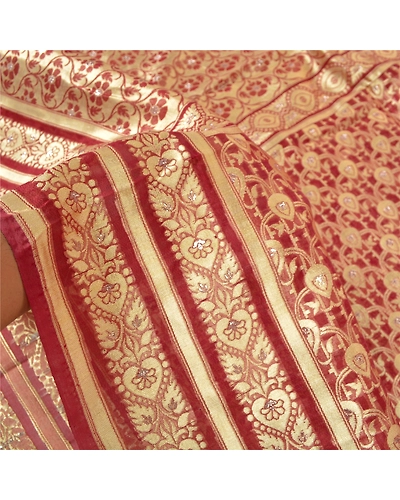 Sanskriti Vintage Red Sarees Blend Silk Woven Sari Craft Premium 5 Yard Fabric, PS-55748-Red-Woven Work-Blend Silk-5