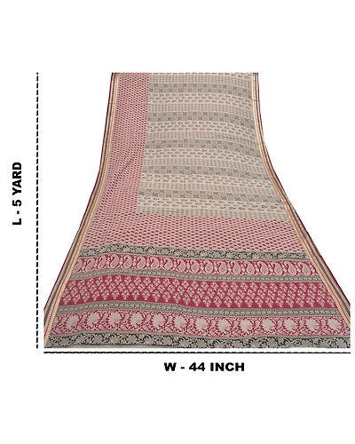 Sanskriti Vintage Sarees Pure Cotton Block Printed Sari Craft Premium Fabric, PS-55768-Cream &amp; Dark Red-Block Printed Work-100% Pure Cotton-1