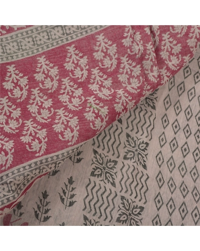 Sanskriti Vintage Sarees Pure Cotton Block Printed Sari Craft Premium Fabric, PS-55768-Cream &amp; Dark Red-Block Printed Work-100% Pure Cotton-2
