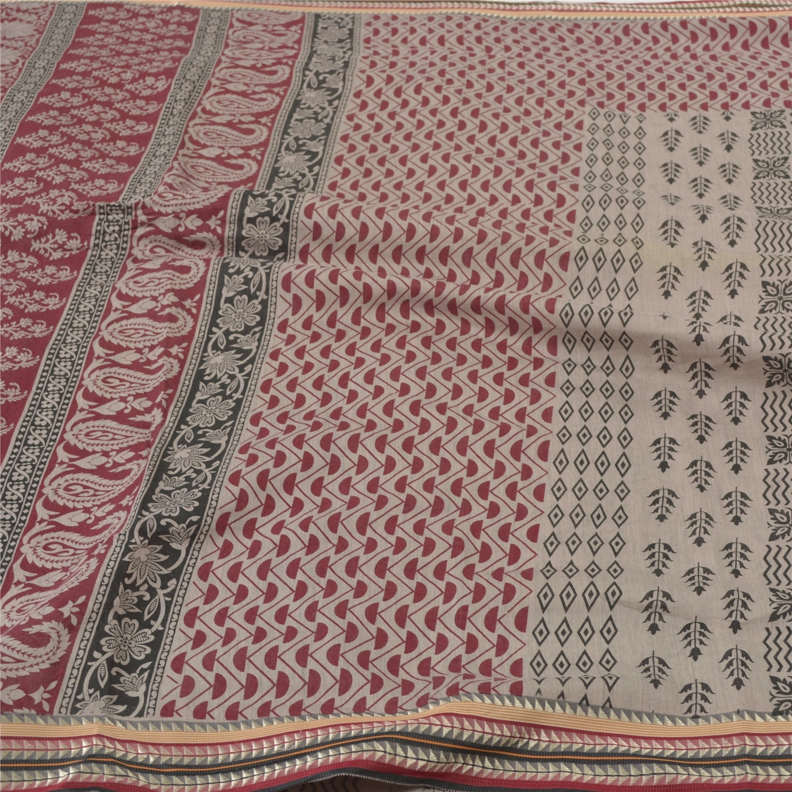 Sanskriti Vintage Sarees Pure Cotton Block Printed Sari Craft Premium Fabric, PS-55768-Cream &amp; Dark Red-Block Printed Work-100% Pure Cotton-3