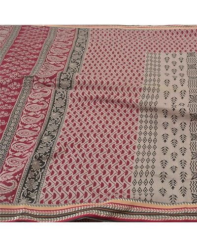 Sanskriti Vintage Sarees Pure Cotton Block Printed Sari Craft Premium Fabric, PS-55768-Cream &amp; Dark Red-Block Printed Work-100% Pure Cotton-3