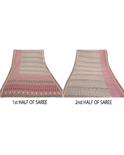Sanskriti Vintage Sarees Pure Cotton Block Printed Sari Craft Premium Fabric, PS-55768-Cream &amp; Dark Red-Block Printed Work-100% Pure Cotton-4