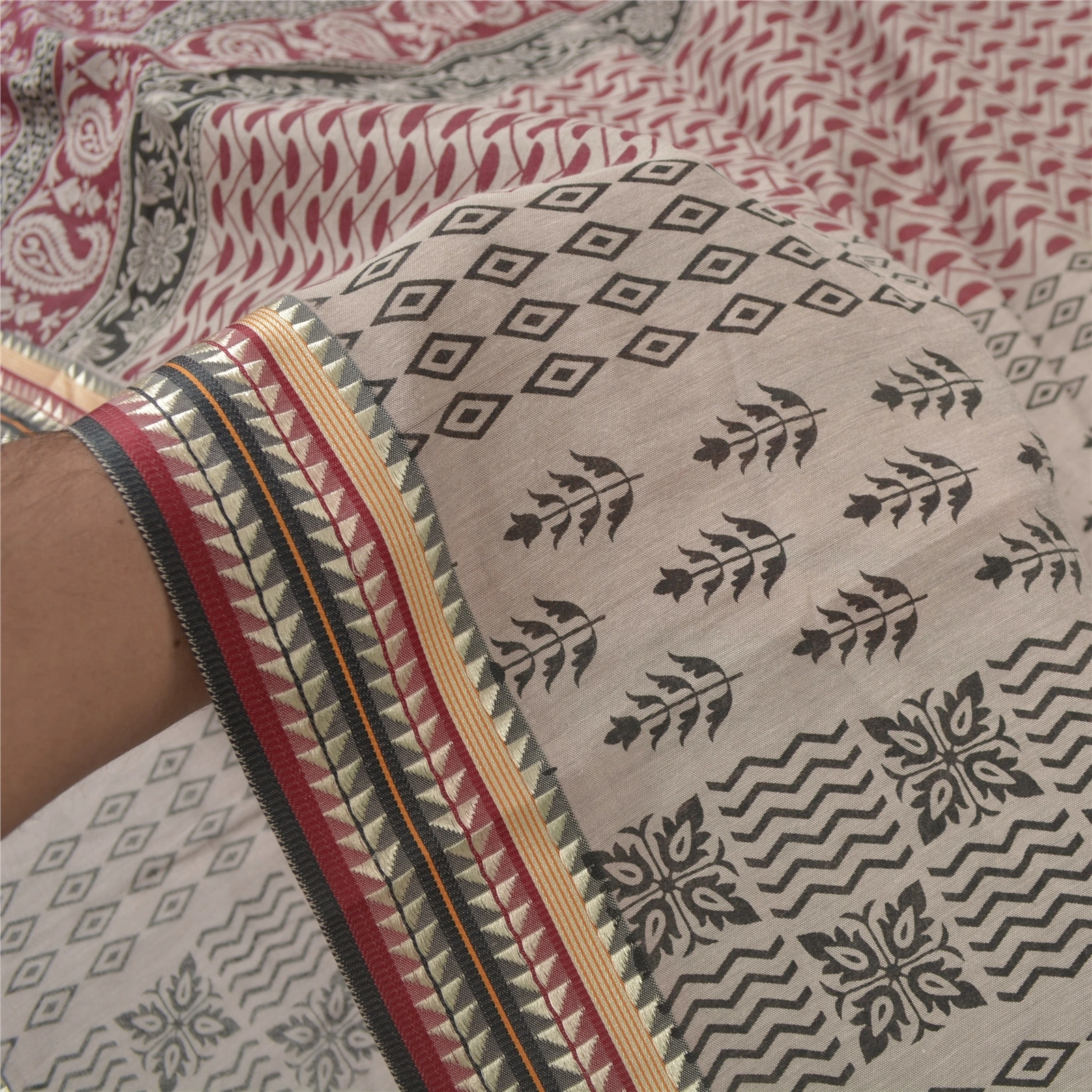 Sanskriti Vintage Sarees Pure Cotton Block Printed Sari Craft Premium Fabric, PS-55768-Cream &amp; Dark Red-Block Printed Work-100% Pure Cotton-5