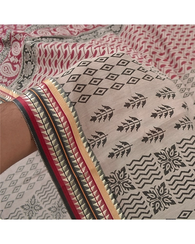 Sanskriti Vintage Sarees Pure Cotton Block Printed Sari Craft Premium Fabric, PS-55768-Cream &amp; Dark Red-Block Printed Work-100% Pure Cotton-5