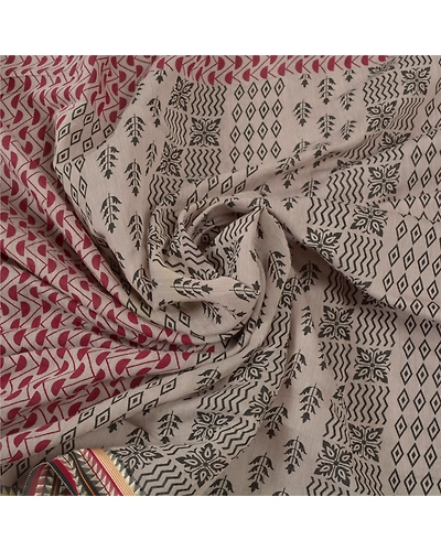 Sanskriti Vintage Sarees Pure Cotton Block Printed Sari Craft Premium Fabric, PS-55768-Cream &amp; Dark Red-Block Printed Work-100% Pure Cotton-6
