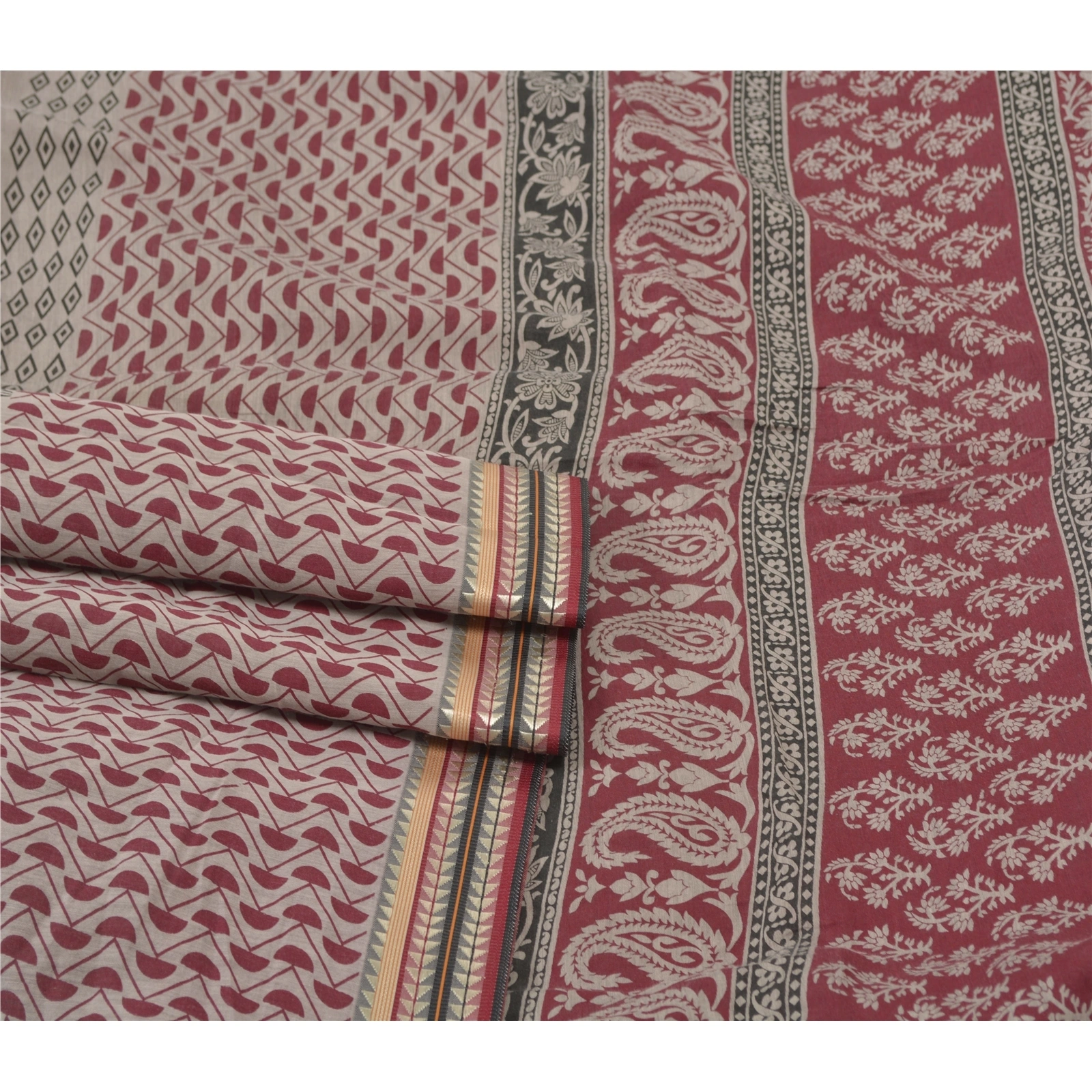 Sanskriti Vintage Sarees Pure Cotton Block Printed Sari Craft Premium Fabric, PS-55768-Cream &amp; Dark Red-Block Printed Work-100% Pure Cotton-7