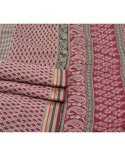 Sanskriti Vintage Sarees Pure Cotton Block Printed Sari Craft Premium Fabric, PS-55768-Cream &amp; Dark Red-Block Printed Work-100% Pure Cotton-7