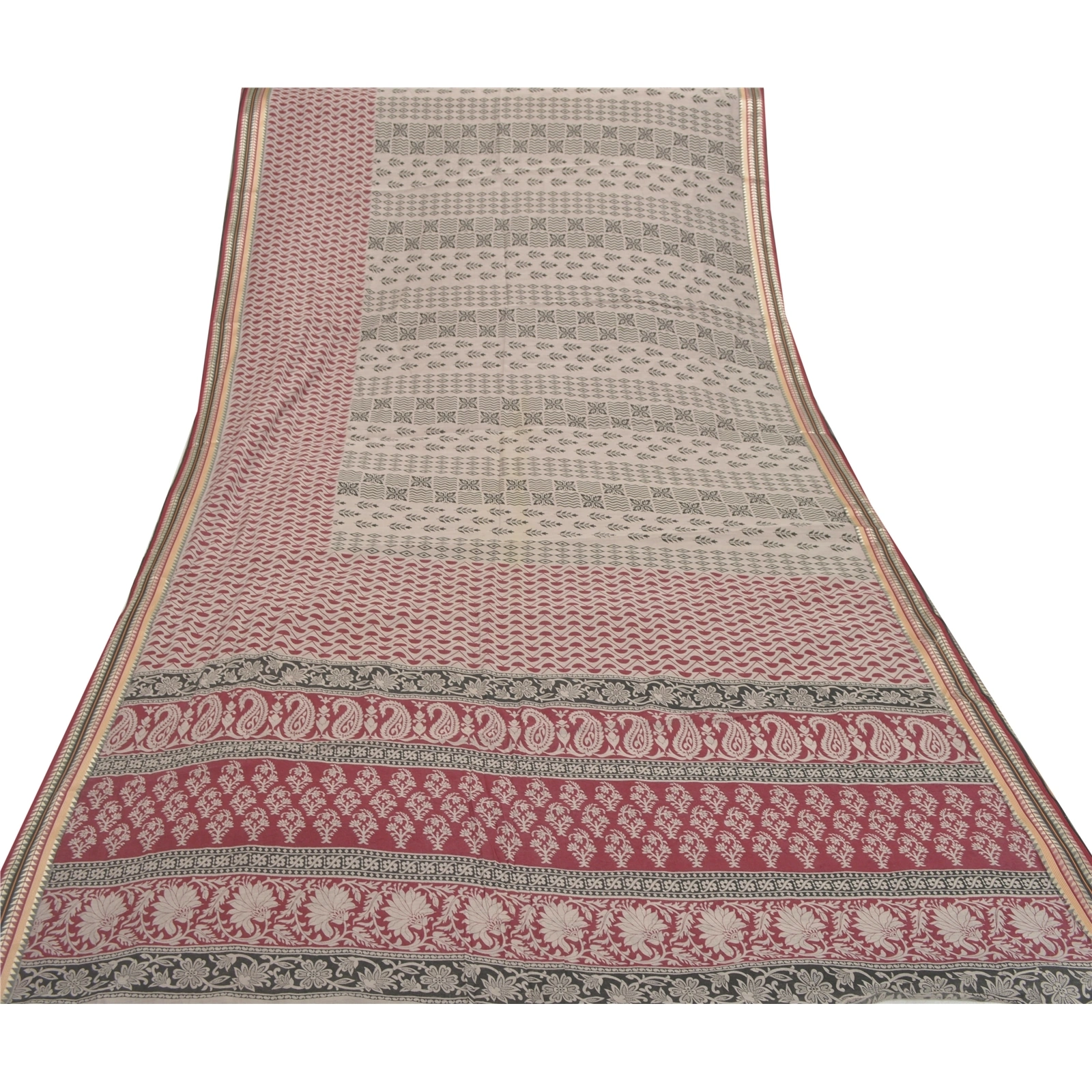 Sanskriti Vintage Sarees Pure Cotton Block Printed Sari Craft Premium Fabric, PS-55768-Cream &amp; Dark Red-Block Printed Work-100% Pure Cotton-8