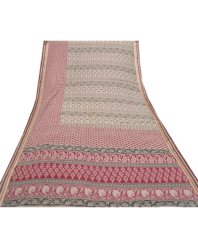 Sanskriti Vintage Sarees Pure Cotton Block Printed Sari Craft Premium Fabric, PS-55768-Cream &amp; Dark Red-Block Printed Work-100% Pure Cotton-8