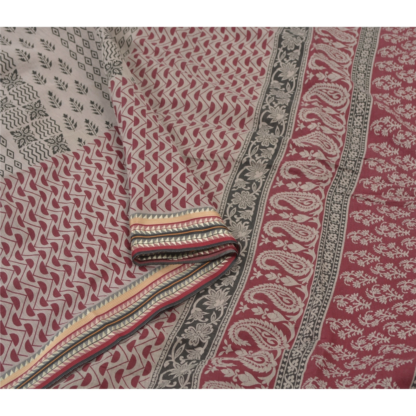 Sanskriti Vintage Sarees Pure Cotton Block Printed Sari Craft Premium Fabric, PS-55768-Cream &amp; Dark Red-Block Printed Work-100% Pure Cotton-9