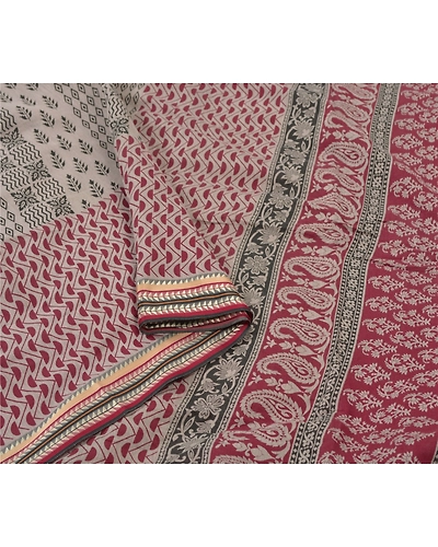 Sanskriti Vintage Sarees Pure Cotton Block Printed Sari Craft Premium Fabric, PS-55768-Cream &amp; Dark Red-Block Printed Work-100% Pure Cotton-9