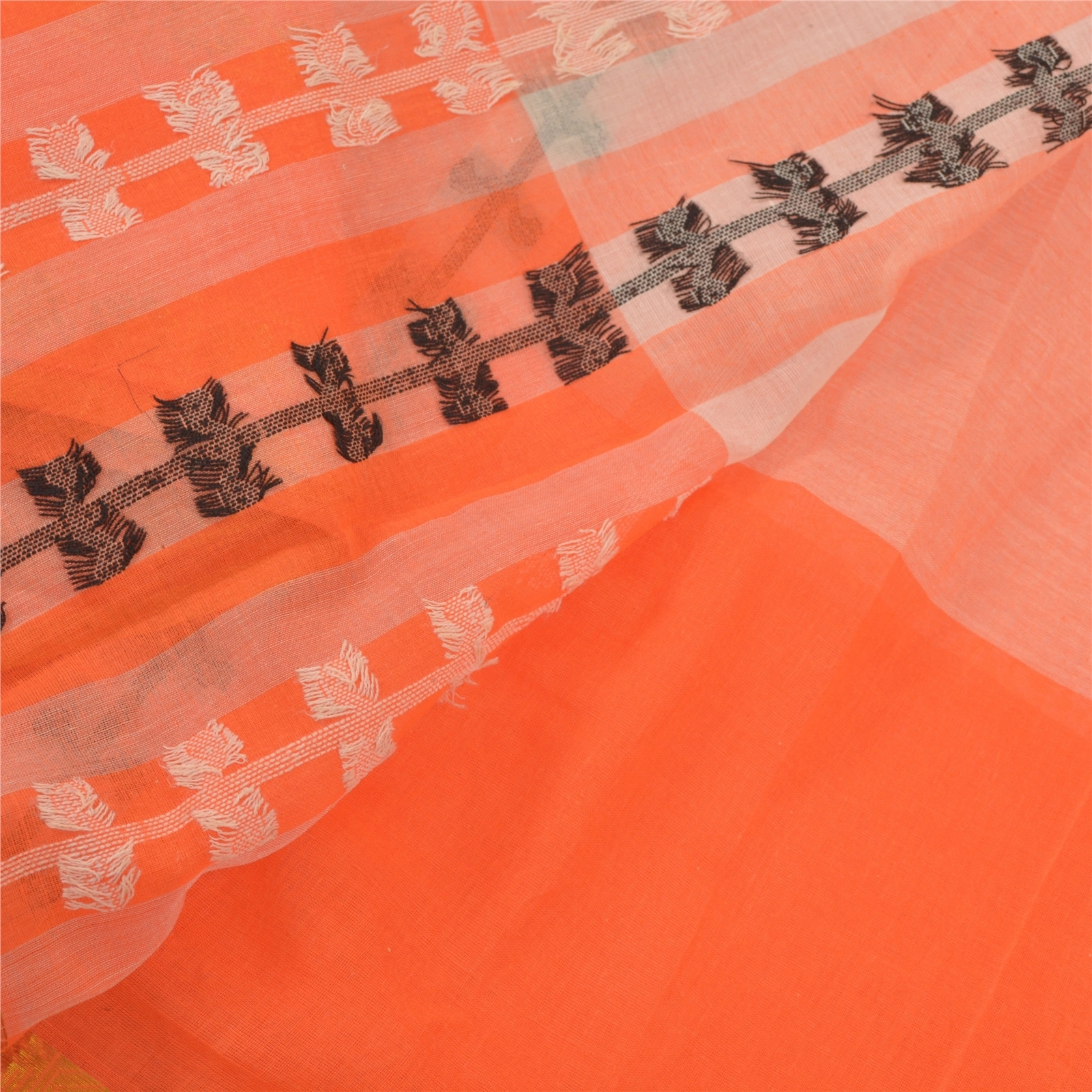 Sanskriti Vintage Orange Indian Sari Pure Cotton Hand Woven Craft Sarees Fabric, PS-55781-Orange-Woven Work-100% Pure Cotton-2