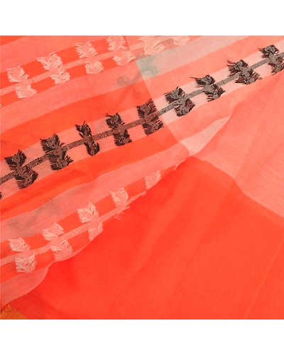Sanskriti Vintage Orange Indian Sari Pure Cotton Hand Woven Craft Sarees Fabric, PS-55781-Orange-Woven Work-100% Pure Cotton-2