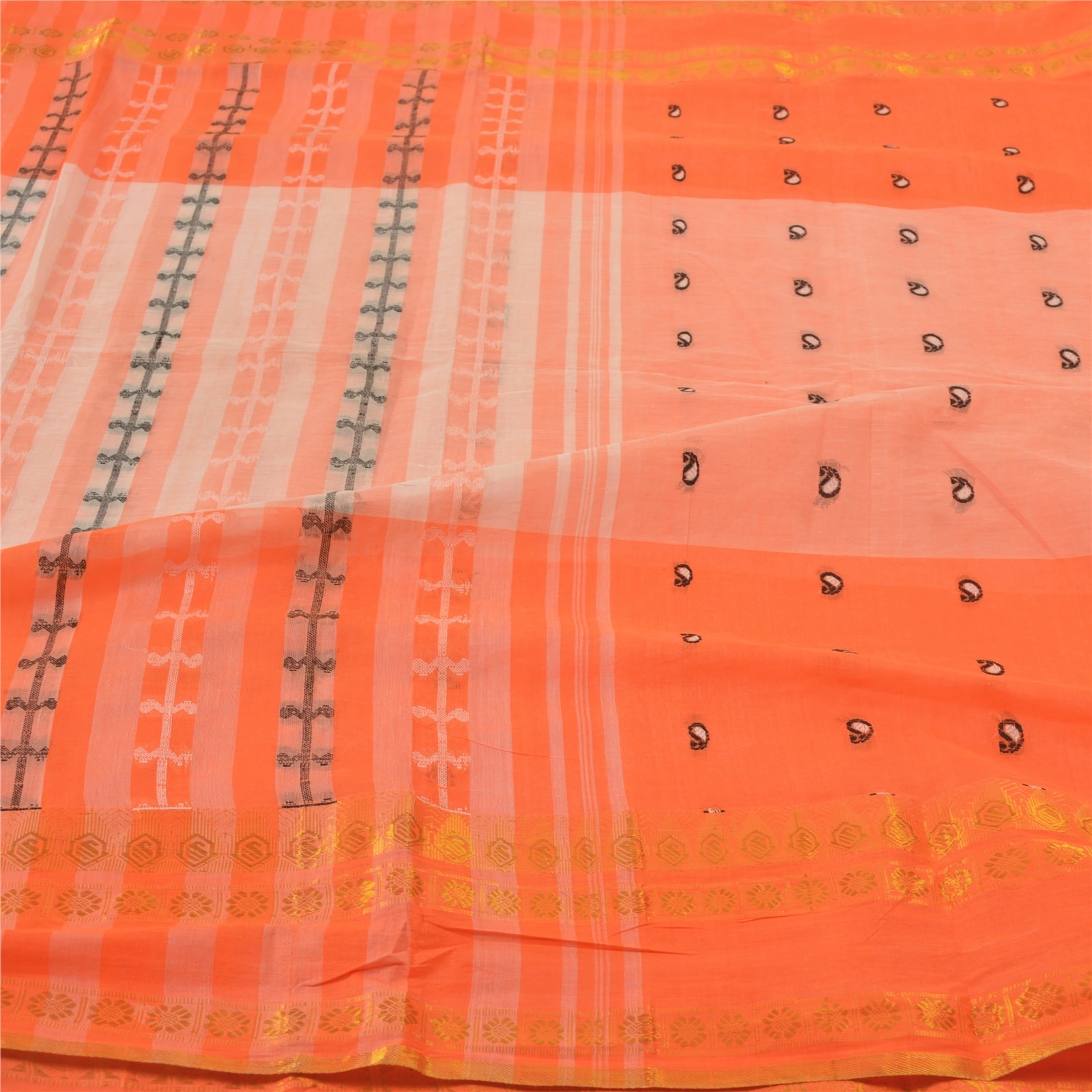 Sanskriti Vintage Orange Indian Sari Pure Cotton Hand Woven Craft Sarees Fabric, PS-55781-Orange-Woven Work-100% Pure Cotton-3