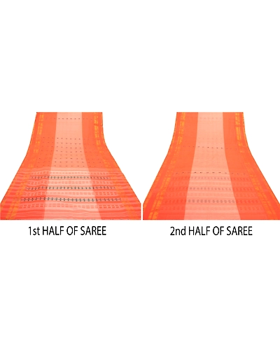 Sanskriti Vintage Orange Indian Sari Pure Cotton Hand Woven Craft Sarees Fabric, PS-55781-Orange-Woven Work-100% Pure Cotton-4