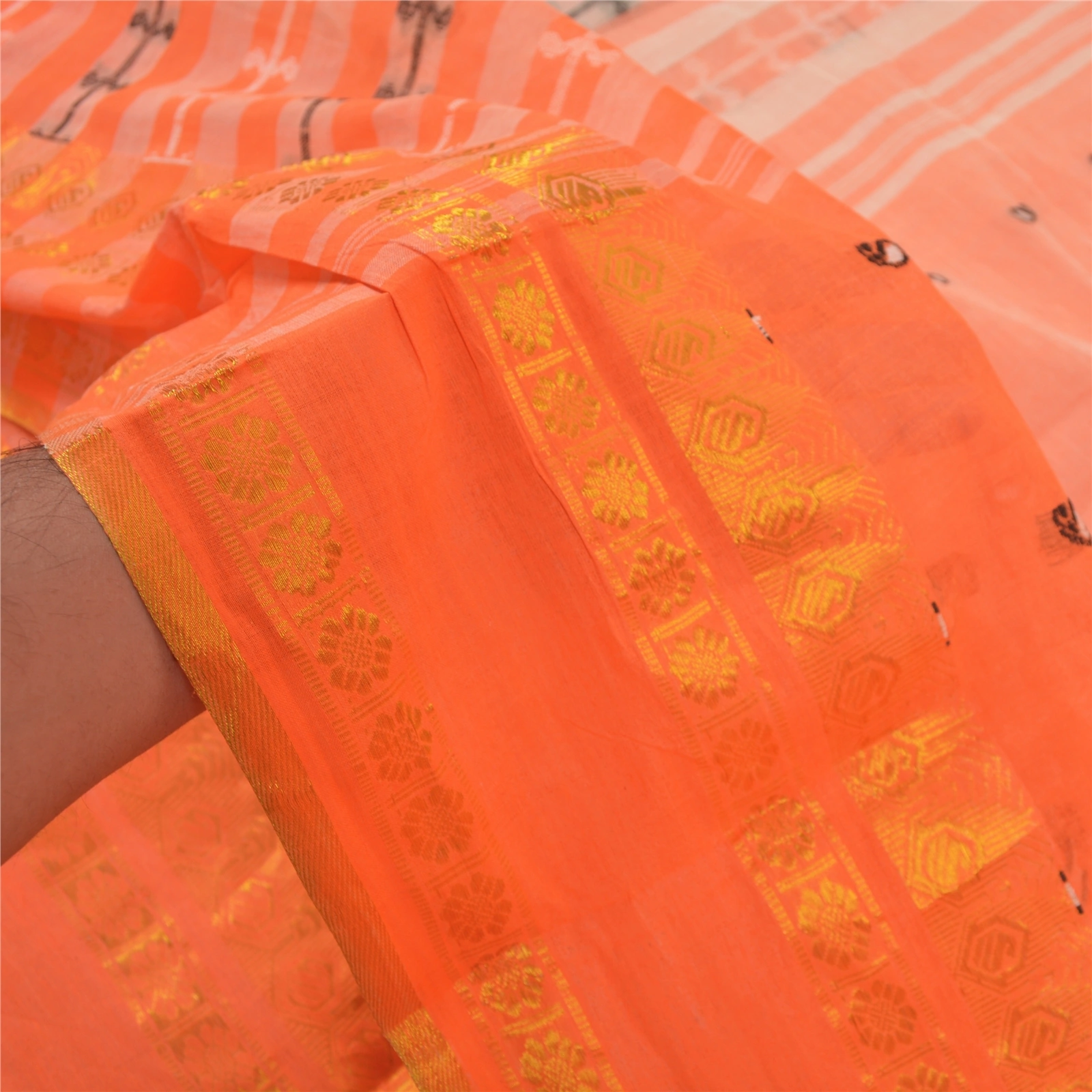 Sanskriti Vintage Orange Indian Sari Pure Cotton Hand Woven Craft Sarees Fabric, PS-55781-Orange-Woven Work-100% Pure Cotton-5