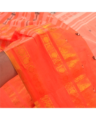 Sanskriti Vintage Orange Indian Sari Pure Cotton Hand Woven Craft Sarees Fabric, PS-55781-Orange-Woven Work-100% Pure Cotton-5