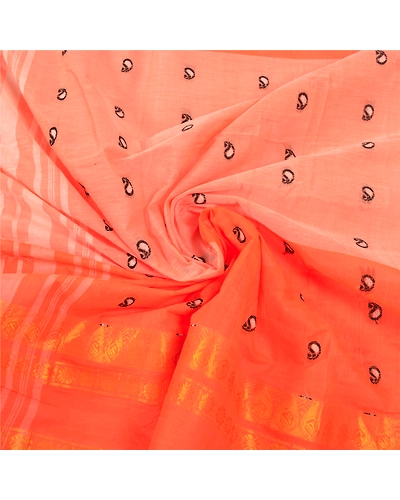 Sanskriti Vintage Orange Indian Sari Pure Cotton Hand Woven Craft Sarees Fabric, PS-55781-Orange-Woven Work-100% Pure Cotton-6