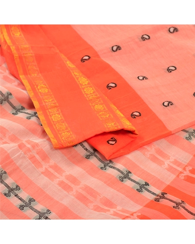 Sanskriti Vintage Orange Indian Sari Pure Cotton Hand Woven Craft Sarees Fabric, PS-55781-Orange-Woven Work-100% Pure Cotton-7