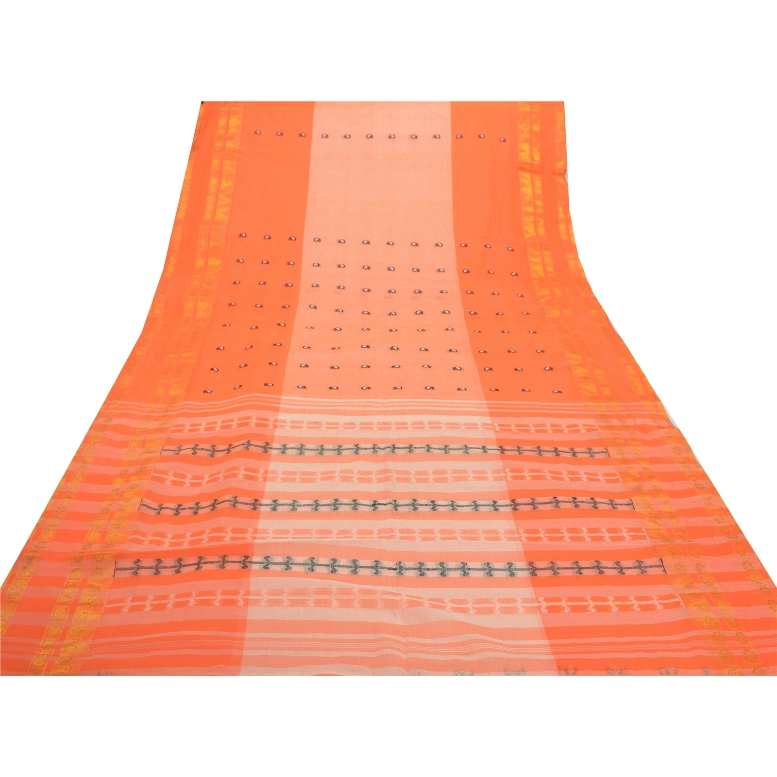 Sanskriti Vintage Orange Indian Sari Pure Cotton Hand Woven Craft Sarees Fabric, PS-55781-Orange-Woven Work-100% Pure Cotton-8