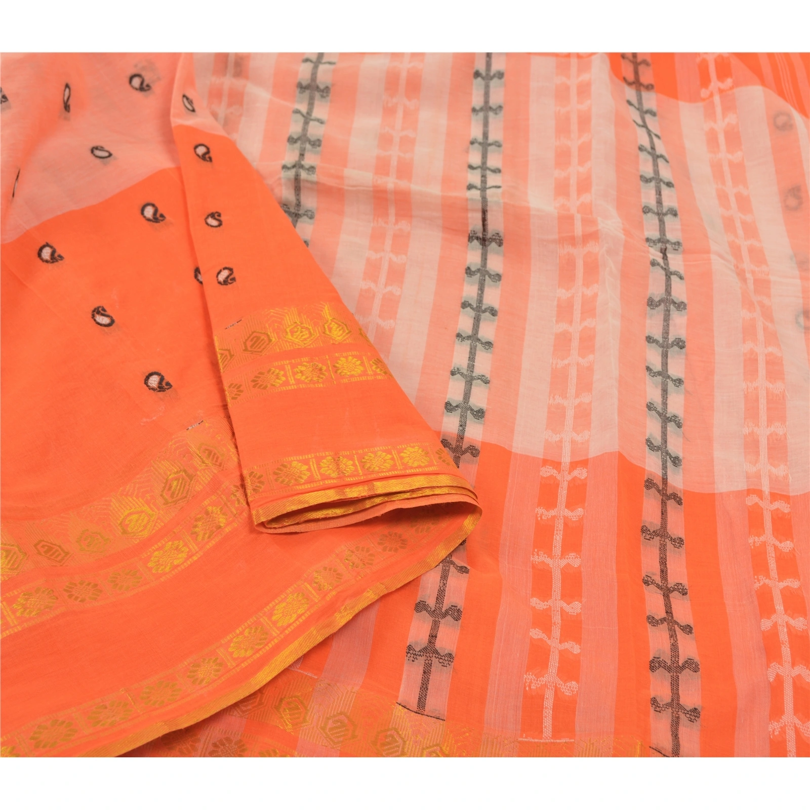 Sanskriti Vintage Orange Indian Sari Pure Cotton Hand Woven Craft Sarees Fabric, PS-55781-Orange-Woven Work-100% Pure Cotton-9