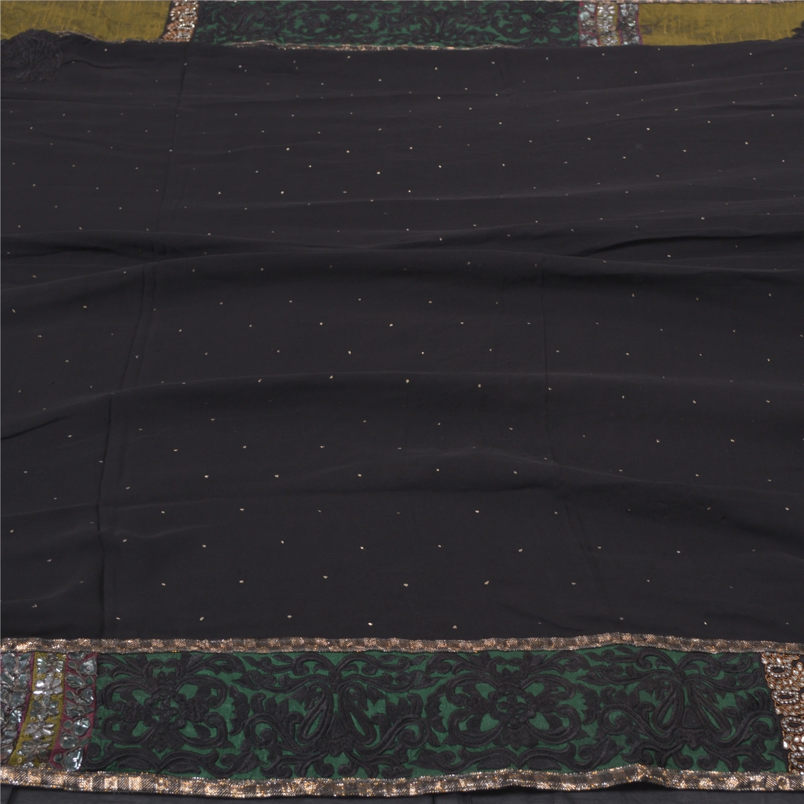 Sanskriti Vintage Black Sarees Blend Georgette Handmade Cultural Craft Fabric, PS-55797-Black-Patch Work-Blend Georgette-4