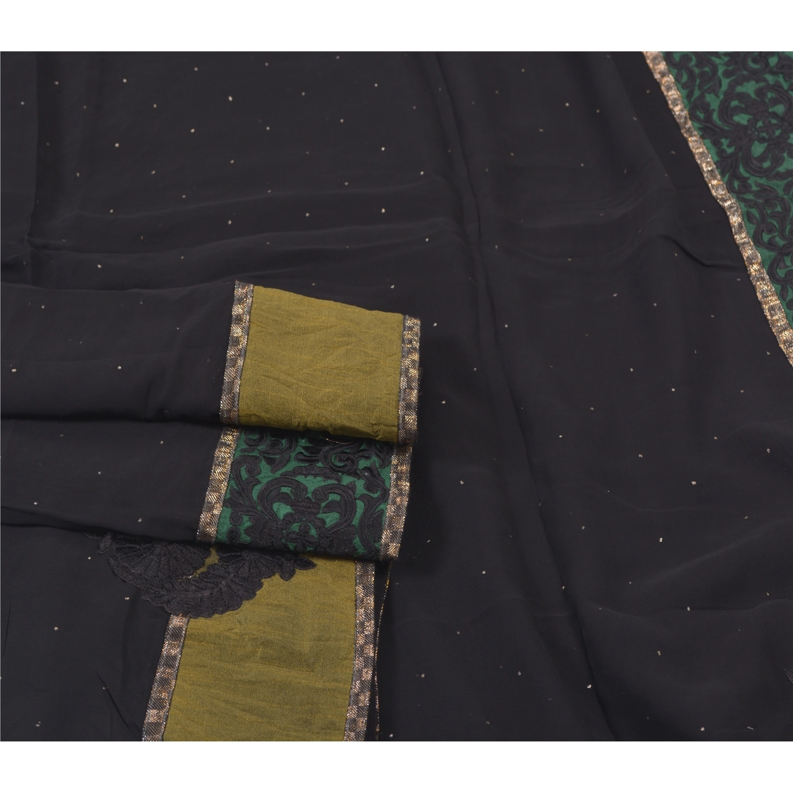 Sanskriti Vintage Black Sarees Blend Georgette Handmade Cultural Craft Fabric, PS-55797-Black-Patch Work-Blend Georgette-8